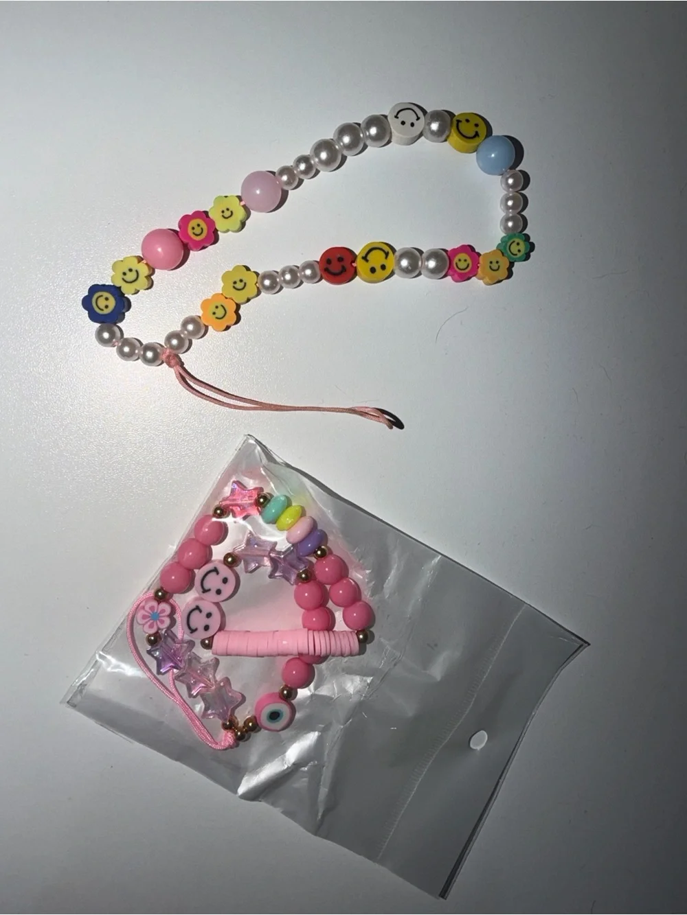 Phone Charm Beaded Smile & Flower Necklace and Bracelet Set - Pink Multi